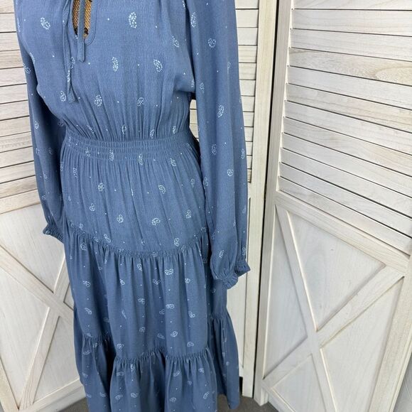 Urban Outfitters Reese Midi Dress Paisley Tiered Smocked Blue Small Long Sleeve - Picture 9 of 15